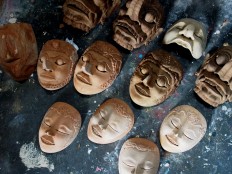 The detail of the wood carving can be seen in the masks when they are half complete. JP/ Ganug Nugroho Adi