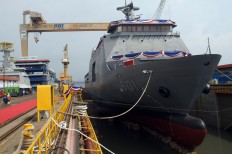A BRP Tarlac-601 vessel built for the Philippine government is displayed before its inauguration by Philippine Defense Minister Voltaire T. Gazmin and Philippine Navy chief of staff Vice Adm. Caesar Taccad at the PAL Indonesia commercial dockyard in Surabaya, East Java, in January. The Philippine Navy ordered two warships worth US$90 million. JP/Wahyoe Boediwardhana