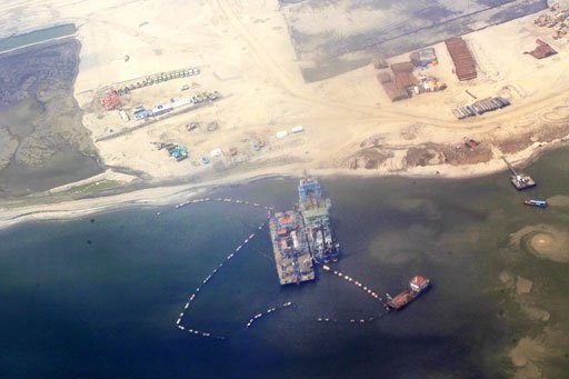 A reclamation project in Jakarta Bay is seen from the air. The project was part of the controversial National Capital Integrated Coastal Development ( NCICD ) program, which also included the construction of a seawall off the coast of Jakarta Bay.