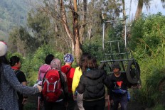 A traditional sulfur miner heads to the peak of Mount Ijen carrying a trolley. The miners in Mount Ijen also offer to pick up visitors who feel exhausted while climbing up or down the mountain. JP/P J Leo


