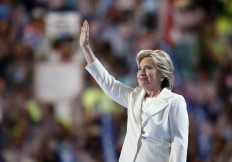 Democratic presidential nominee Hillary Clinton waves after taking the stage during the final day of the Democratic National Convention in Philadelphia , Thursday, July 28, 2016. AP Photo/Paul Sancya

