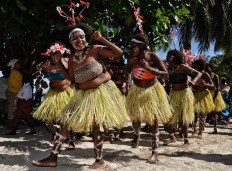 Dancers from Kampung Lakahia perform a traditional dance during the declaration of a conservation zone in waters off Namatota Island. JP/Wendra Ajistyatama