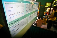 A screen shows information on the number of animals that had been slaughtered, packed and distributed during Idul Adha celebrations at Jogokariyan Mosque in Yogyakarta on Sept. 12. JP/Aditya Sagita