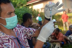 A veterinarian fills a syringe with rabies vaccine before injecting a dog belonging to a resident from Kampung Melo, on Aug. 31. Kampung Melo is a prime destination for tourists hoping to enjoy West Manggarai cultural performances, such as the Caci and Rangkuk Alu traditional dances. JP/Markus Makur