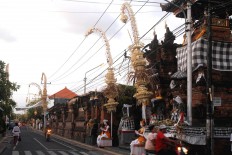 Residents walk past penjor [bamboo poles] decorating the streets of Denpasar, Bali. Hindus in Bali began installing the curved bamboo pole decorated with coconut leaves a day before the Galungan festival. The penjor carried crops such as rice, fruit, coconut and janur.  JP/Zul Trio Anggono