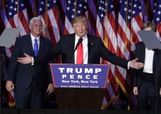 President-elect Donald Trump gives his acceptance speech during his election night rally, Wednesday, Nov. 9, 2016, in New York. AP Photo/John Locher