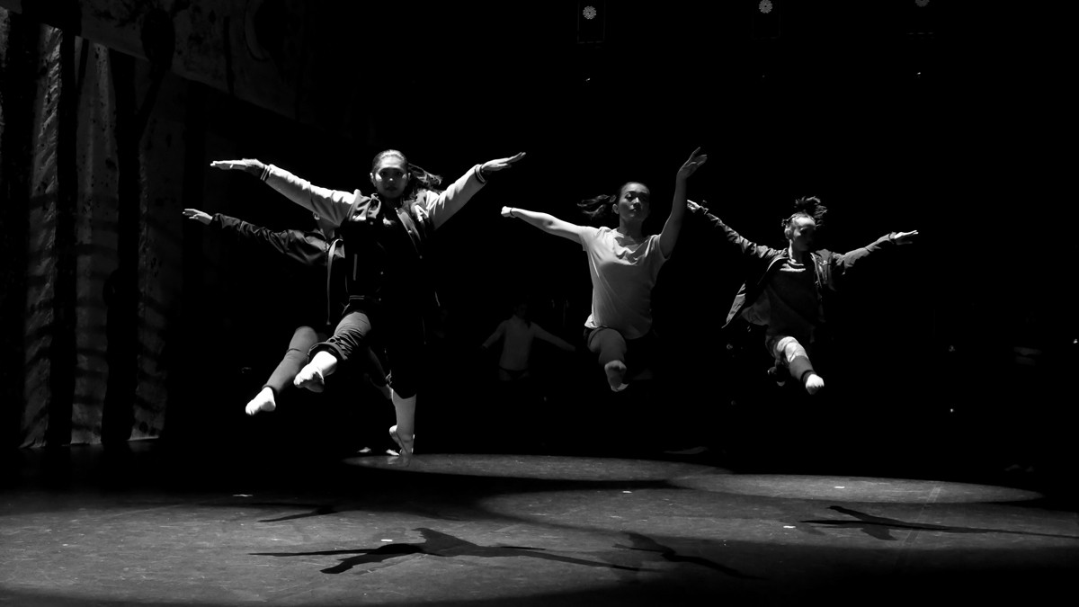Four dancers leap through the air during the final rehearsal for the anniversary celebrations. JP/Wienda Parwitasari
