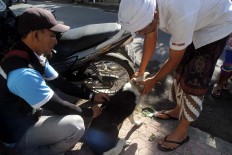 An official from the Bali Husbandry Agency is assisted by a resident when vaccinating a dog. JP/ Zul Trio Anggono