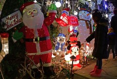 A girl points at a Minnie Mouse on December 22, 2017 at "Arbo & Santa's Dog Park", a residential front yard full of Christmas decorations set up by "Mr. Holiday", a resident of Washington, DC who celebrates every single holiday of the year. AFP/Eva Hambach
