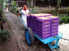 A worker pushes a cart filled with eggs. The egg production has increased by 11 percent after the Renaa Farms applied bio-security measure. JP/Ganug Nugroho Adi