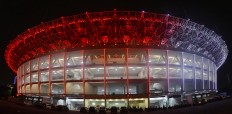 Red and White lights illuminate the newly renovated Gelora Bung Karno Stadium in Senayan, South Jakarta, Friday, January. 12. President Joko "Jokowi" Widodo will inaugurate the stadium on Sunday January 14, which will host a friendly soccer match between Indonesia and Iceland. JP/Seto Wardhana.