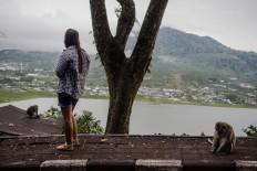Gazing upon the horizon: A woman enjoys the view with a monkey sitting behind her in Wanagiri village in Tabanan, Bali. JP/ Anggara Mahendra