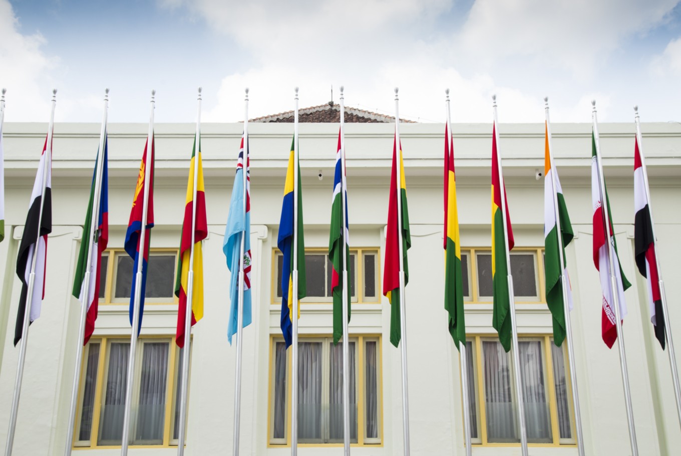 National flags of various states in front of the Gedung Merdeka, Bandung, West Java. Bandung hosted the Asian African Conference in commemoration of its 60th anniversary.
