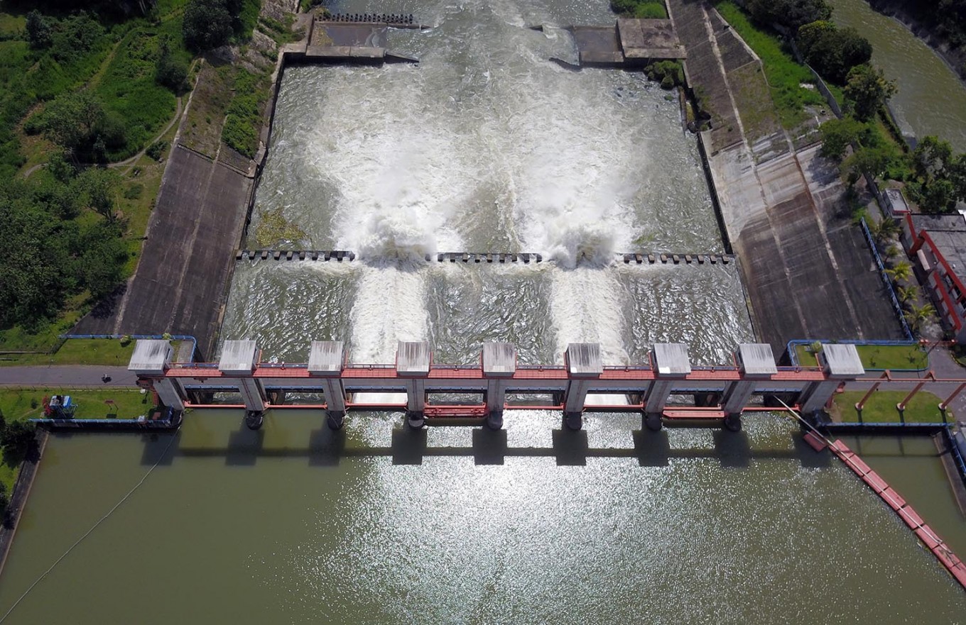 An aerial photo shows the Serut hydroelectric power plant, with a capacity of 54 megawatts, in Blitar, East Java, on March 24, 2018.