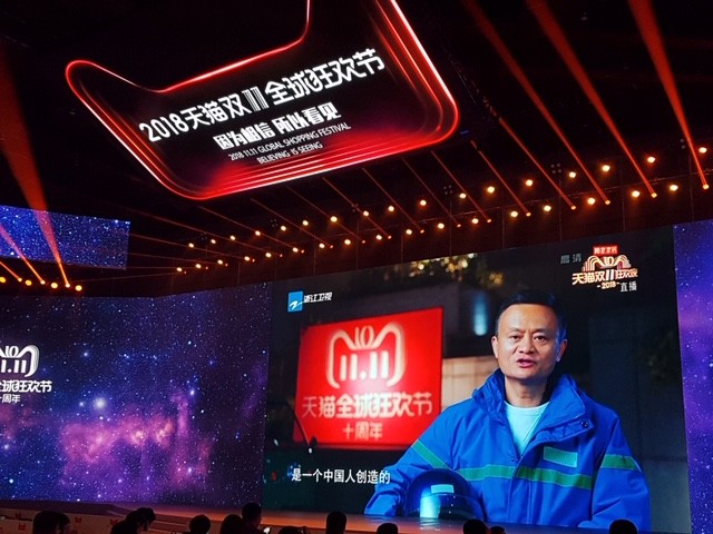 Alibaba founder Jack Ma speaks minutes before the opening of Singles’ Day event on Nov. 11 in Shanghai, China.
