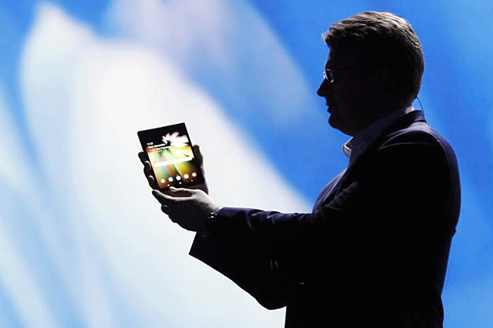 Samsung Electronics’ senior vice-president of mobile product marketing Justin Denison unveiling the company’s foldable smartphone in San Francisco on Nov 7, 2018. 