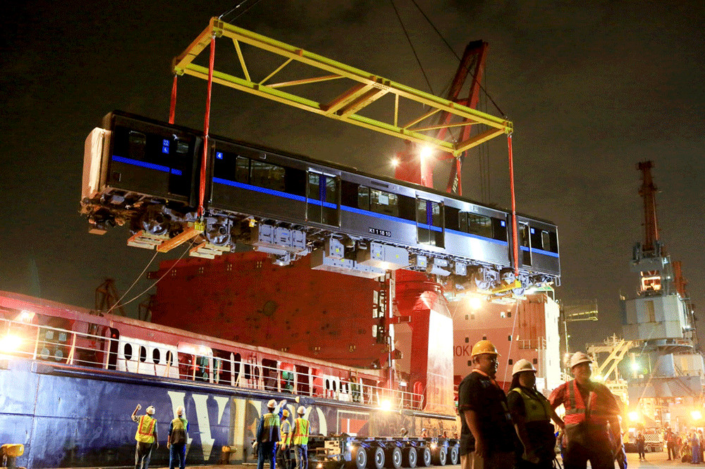 The future is here: Workers unload MRT cars from a ship in Tanjung Priok Port, North Jakarta, on April 4, 2018. 