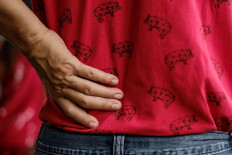 Happy new year: A Chinese-descent wears a shirt with pig illustrations to symbolize the beginning of the pig year at the Satya Dharma temple in Benoa, Bali. JP/ Anggara Mahendra