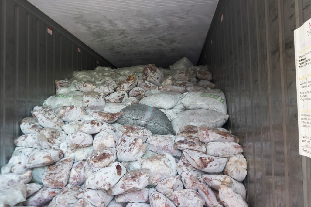 This handout photo released by Singapore's National Parks Board on April 4, 2019 and taken on April 3, 2019 shows sacks of pangolin scales mixed with packs of frozen meat in a container van in Singapore. Singaporean authorities made a record seizure of nearly 13 tonnes of pangolin scales worth some 38.7 million USD, officials said April 4, calling it the largest such haul globally in recent years.
