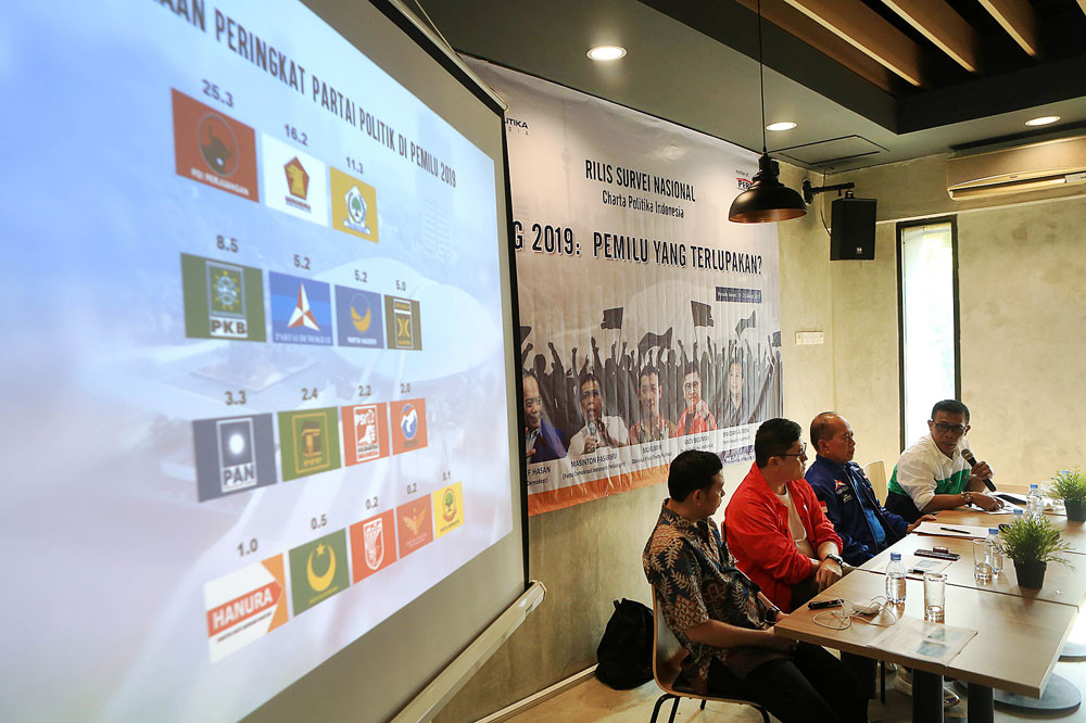 Speaking to the audience during the release of the latest survey on the elections in Melawai, Kebayoran Baru, South Jakarta, on Thursday are (from left) Muslimin, director of pollster Charta Politika, Andy Budiman, head of the campaign team for the Indonesian Solidarity Party (PSI), Syarief Hasan, deputy chairman of the Democratic Party and the Indonesian Democratic Party of Struggle’s (PDI-P) Masinton Pasaribu.
