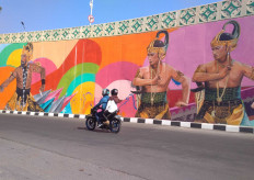 Wayang character Pandawa is painted on the east side of the Manahan overpass in Surakarta, Central Java. JP/Ganug Nugroho Adi