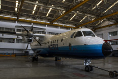 The prototype of the N250 Gatotkaca aircraft, which was produced under the supervision of PT Industri Pesawat Terbang Nusantara president director BJ Habibie, is stored at PT Dirgantara Indonesia's hangar on Thursday, September 12, 2019. JP/Arya Dipa
