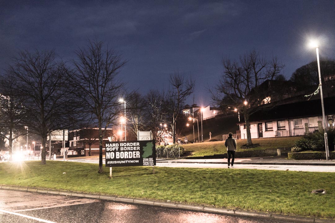 A sign reads “Hard Border, Soft Border, No Border” in the Bogside, Derry/Londonderry, Northern Ireland. JP/Okky Ardya