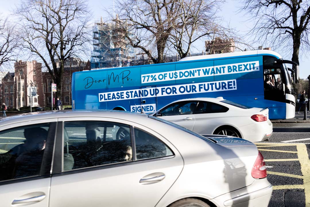 A bright blue bus emblazoned with a message against Brexit at Queen’s University Belfast. JP/Okky Ardya