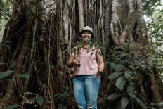 Volunteer Ditha holds two banyan plants. JP/Anggara Mahendra