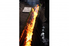 Flames cook the glutinous rice and coconut milk inside the bamboo tubes. JP/P.J. Leo
