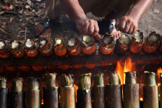After the glutinous rice becomes sticky, the top of the lemang is tied. JP/P.J.Leo
