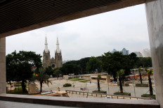 A view of Jakarta Cathedral from Istiqlal Mosque. The ongoing renovation project includes the construction of an underground tunnel that connects the two iconic places of worship. JP/Sutrisno Jambul