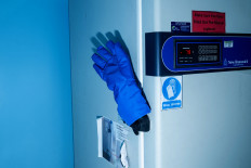 A glove is placed on the handle of a laboratory refrigerator that keeps the swab samples. JP/Agung Parameswara