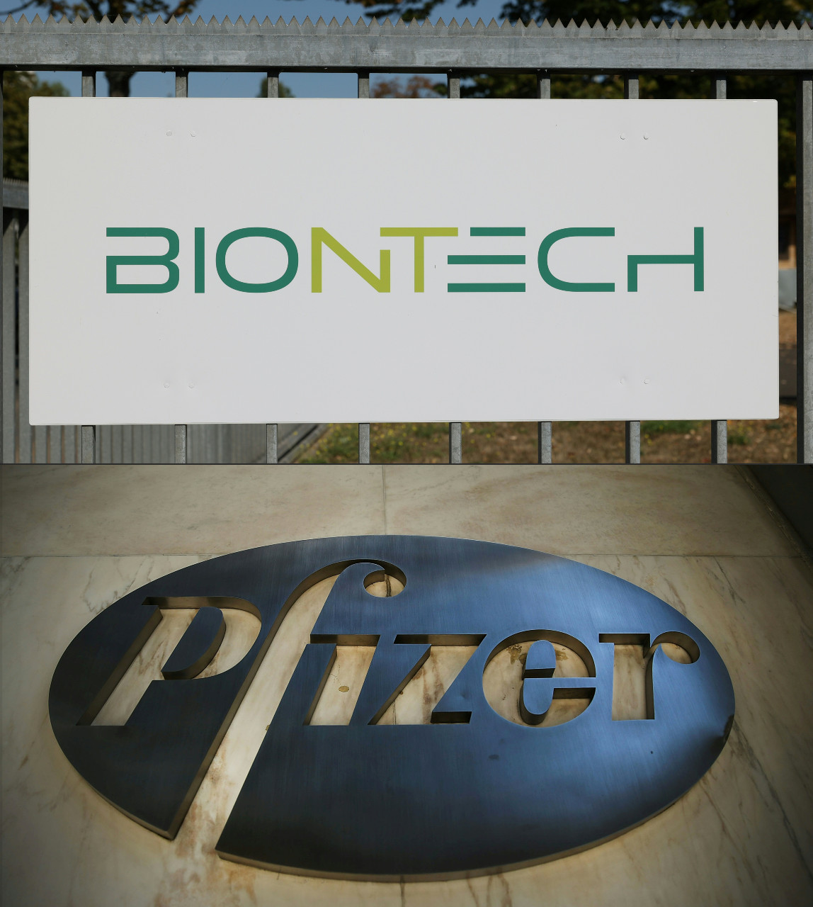 This combination of pictures created on Monday shows (top, file photo taken on Sept.8) the logo of German biopharmaceutical company BioNTech at its headquarters in Mainz, western Germany, and (bottom, file photo taken on May 05, 2014) the logo of Global pharmaceutical company Pfizer at their world headquarters in Manhattan in New York.
